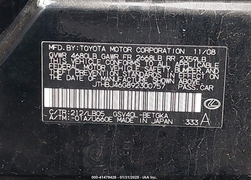 2009 LEXUS ES 350 VIN: JTHBJ46G892300757