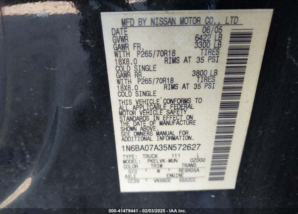 2005 NISSAN TITAN LE VIN: 1N6BA07A35N572627