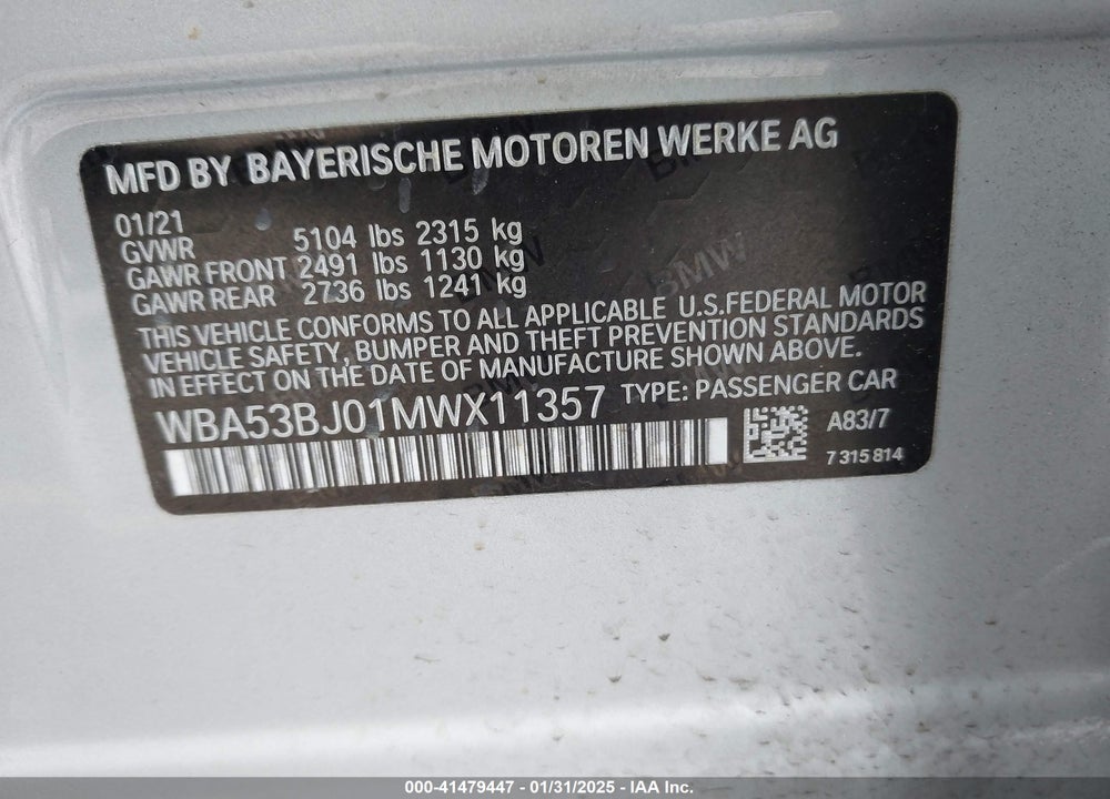 2021 BMW 540I VIN: WBA53BJ01MWX11357