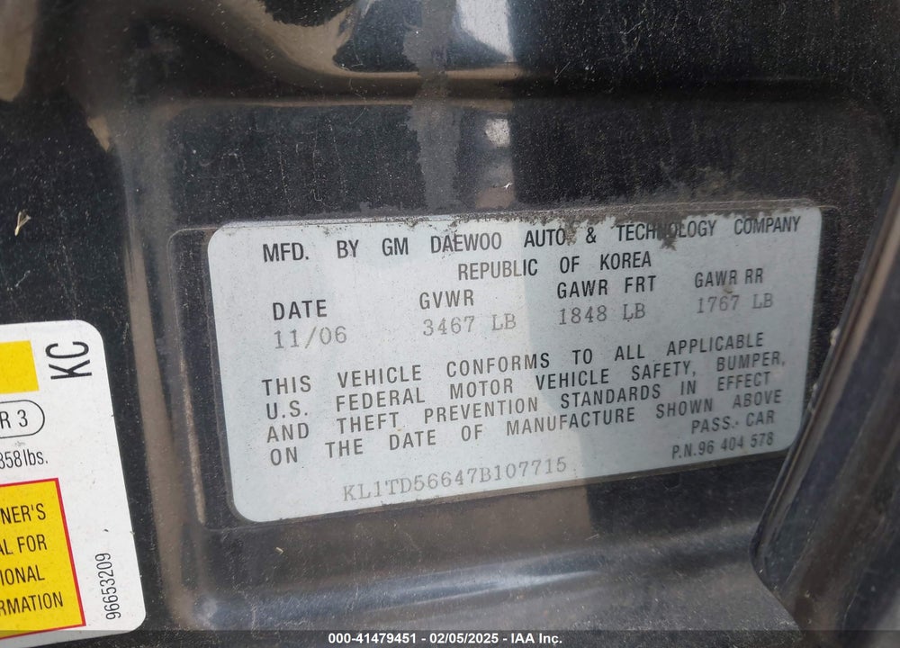 2007 CHEVROLET AVEO LS VIN: KL1TD56647B107715