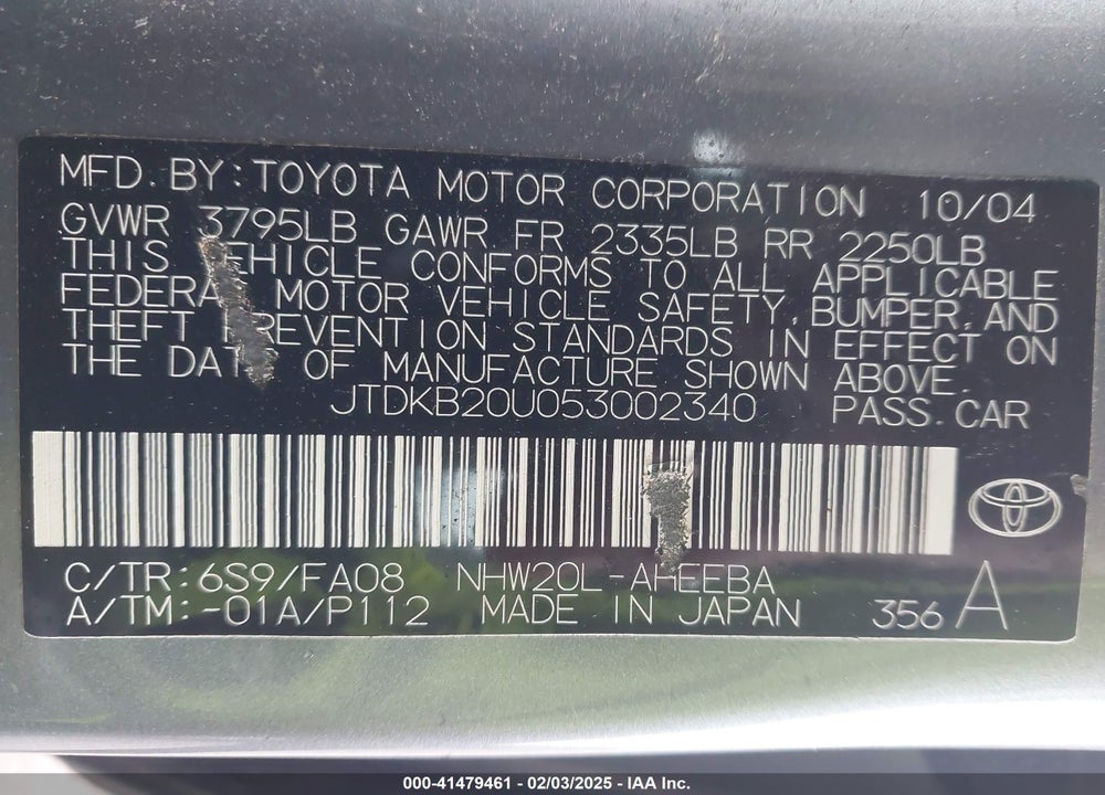 2005 TOYOTA PRIUS VIN: JTDKB20U053002340
