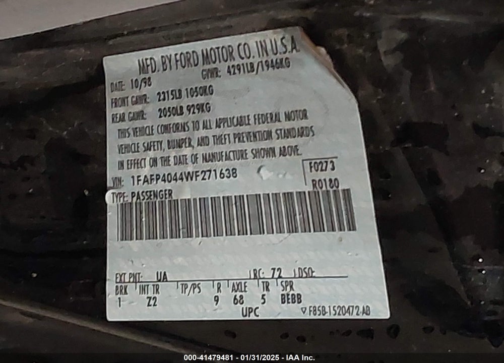 1998 FORD MUSTANG VIN: 1FAFP4044WF271638