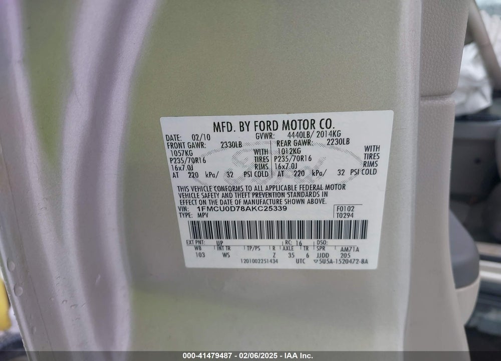 2010 FORD ESCAPE XLT VIN: 1FMCU0D78AKC25339