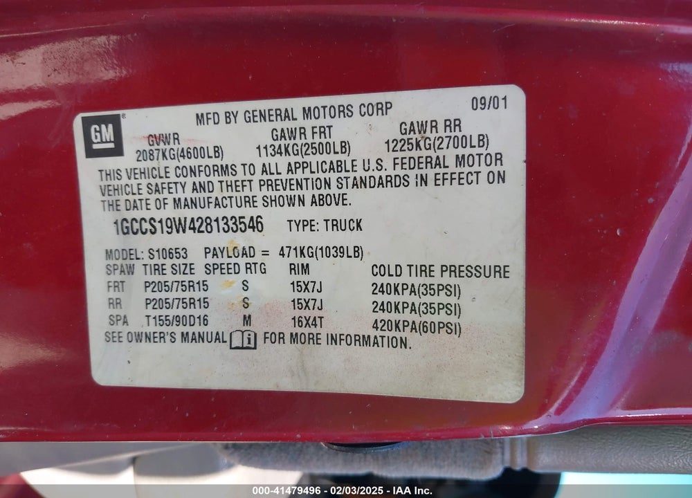 2002 CHEVROLET S-10 LS VIN: 1GCCS19W428133546