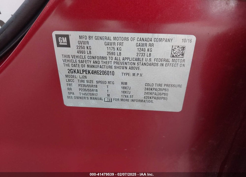 2017 GMC TERRAIN VIN: 2GKALPEK4H6206010