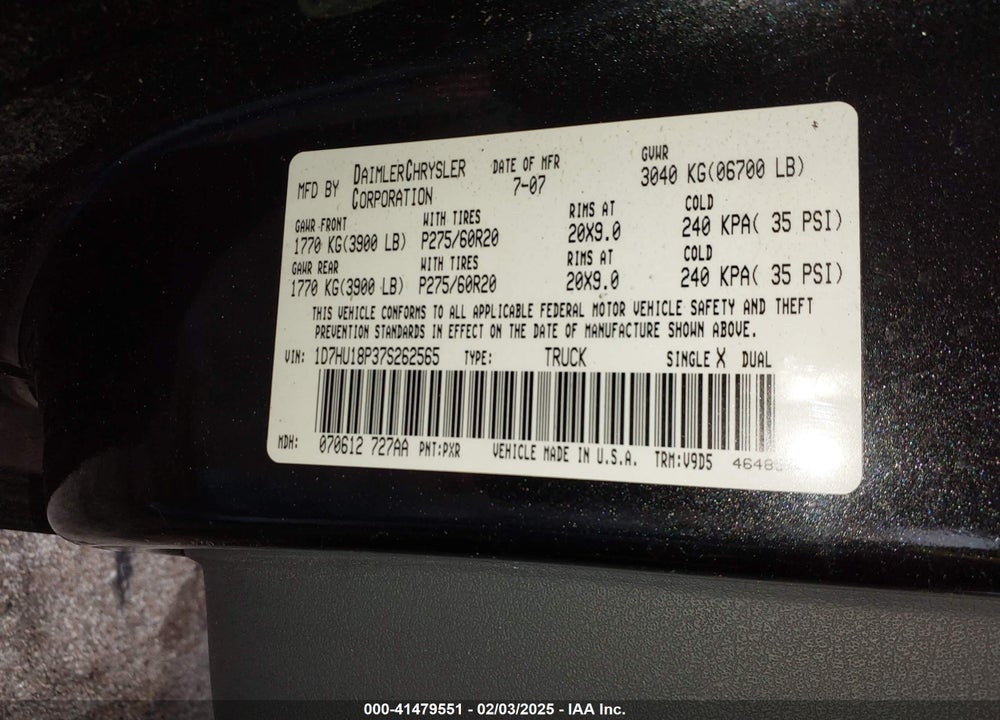 2007 DODGE RAM 1500 VIN: 1D7HU18P37S262565