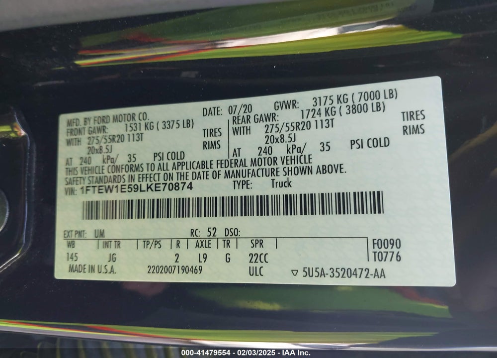 2020 FORD F-150 VIN: 1FTEW1E59LKE70874