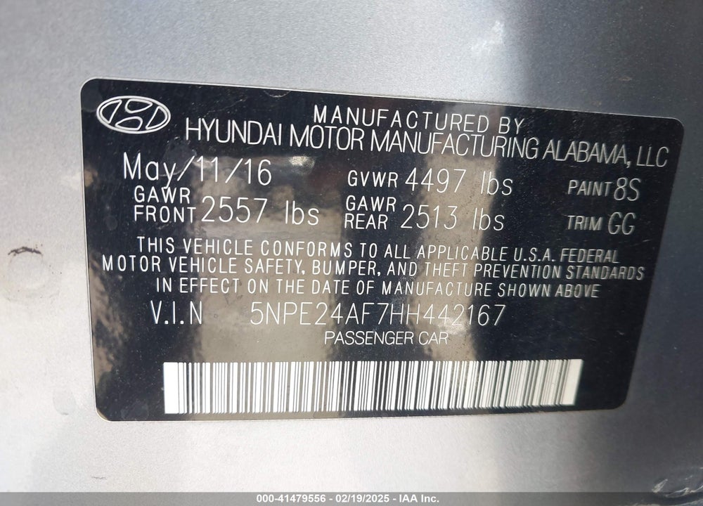 2017 HYUNDAI SONATA VIN: 5NPE24AF7HH442167