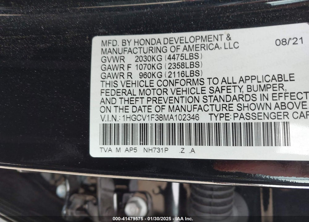2021 HONDA ACCORD SPORT VIN: 1HGCV1F38MA102346