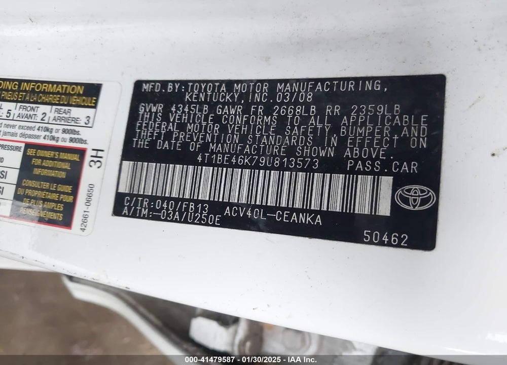 2009 TOYOTA CAMRY VIN: 4T1BE46K79U813573