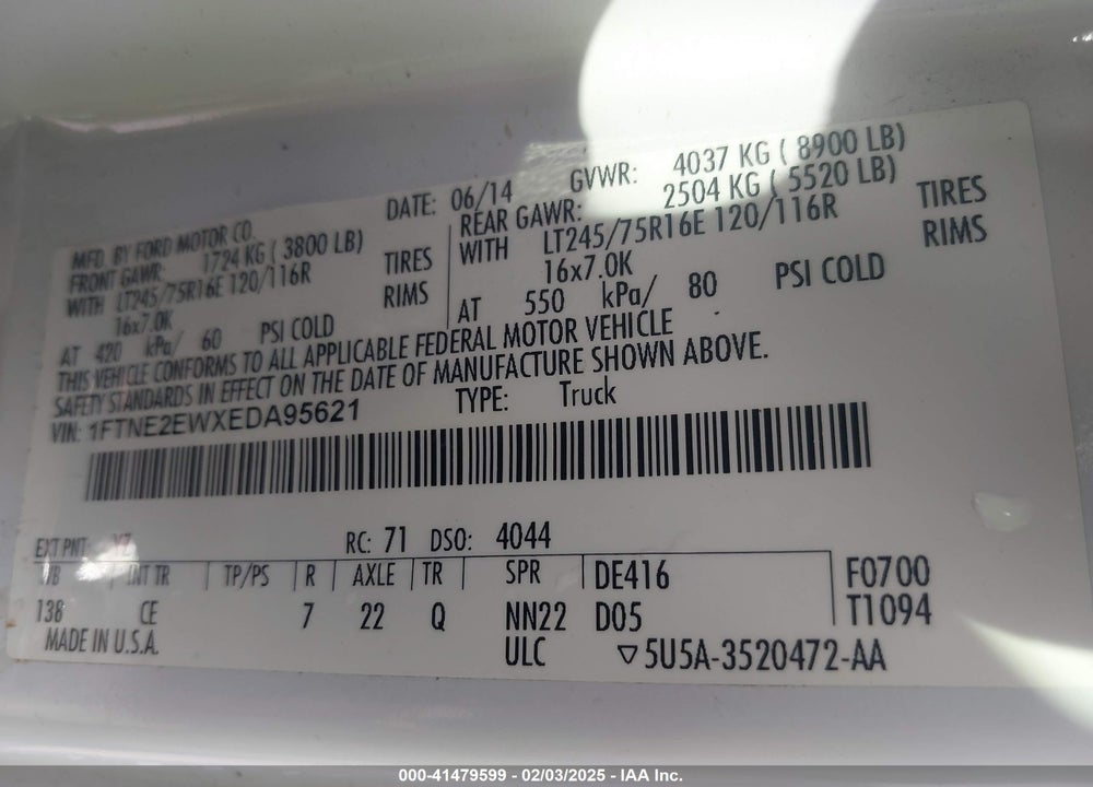 2014 FORD ECONOLINE VIN: 1FTNE2EWXEDA95621