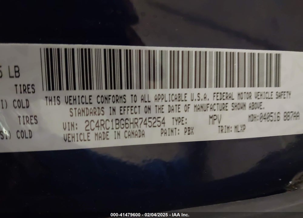 2017 CHRYSLER PACIFICA VIN: 2C4RC1BG6HR745254