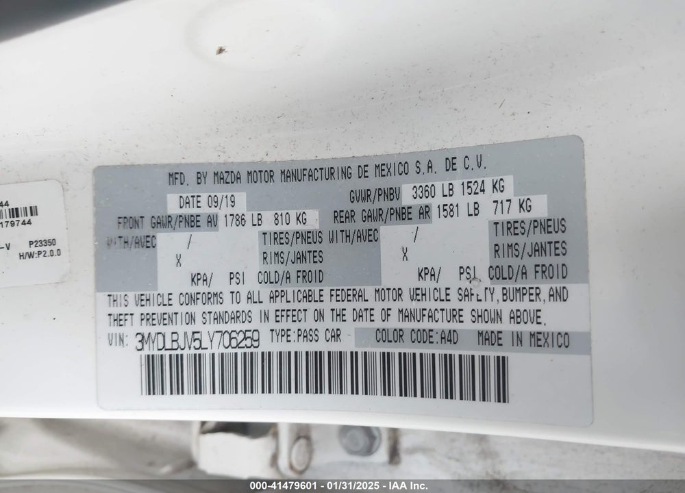 2020 TOYOTA YARIS VIN: 3MYDLBJV5LY706259