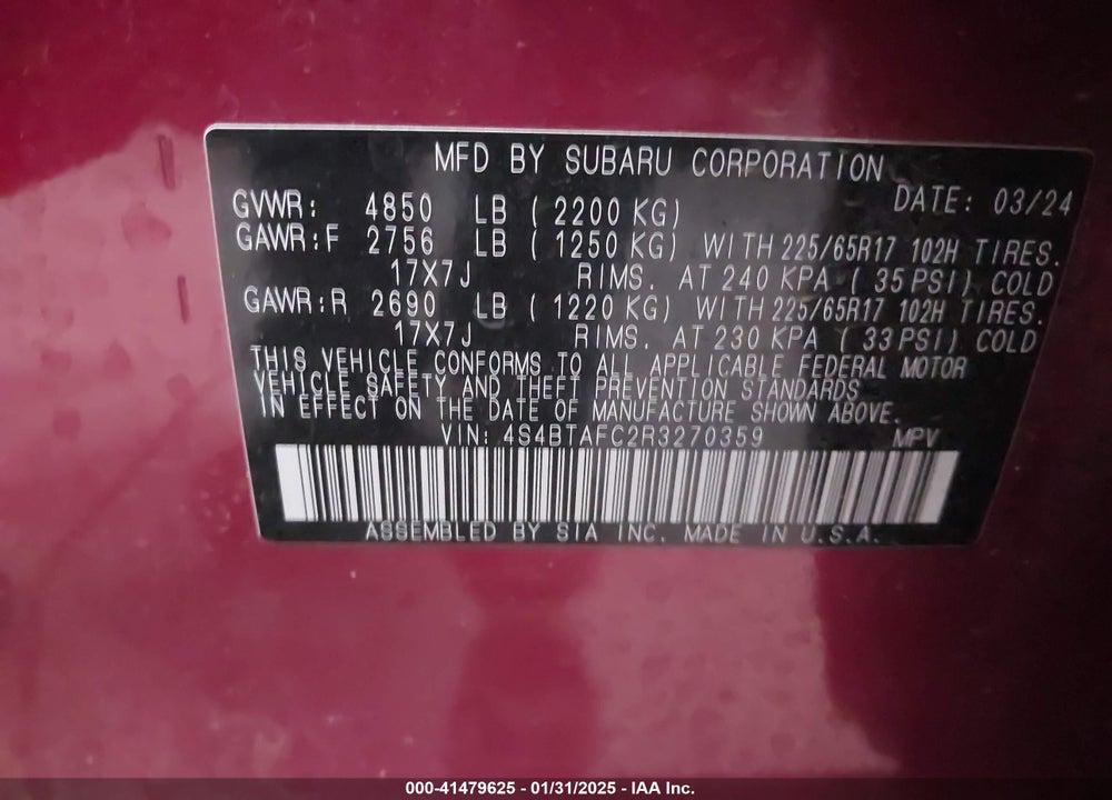 2024 SUBARU OUTBACK VIN: 4S4BTAFC2R3270359