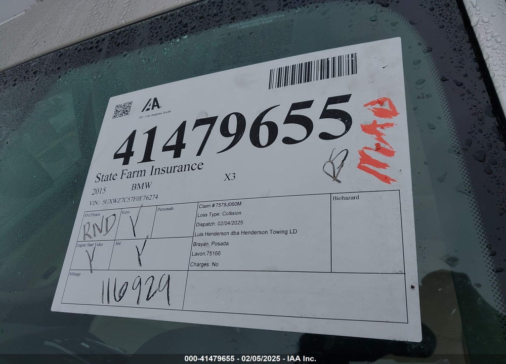 2015 BMW X3 VIN: 5UXWZ7C57F0F76274