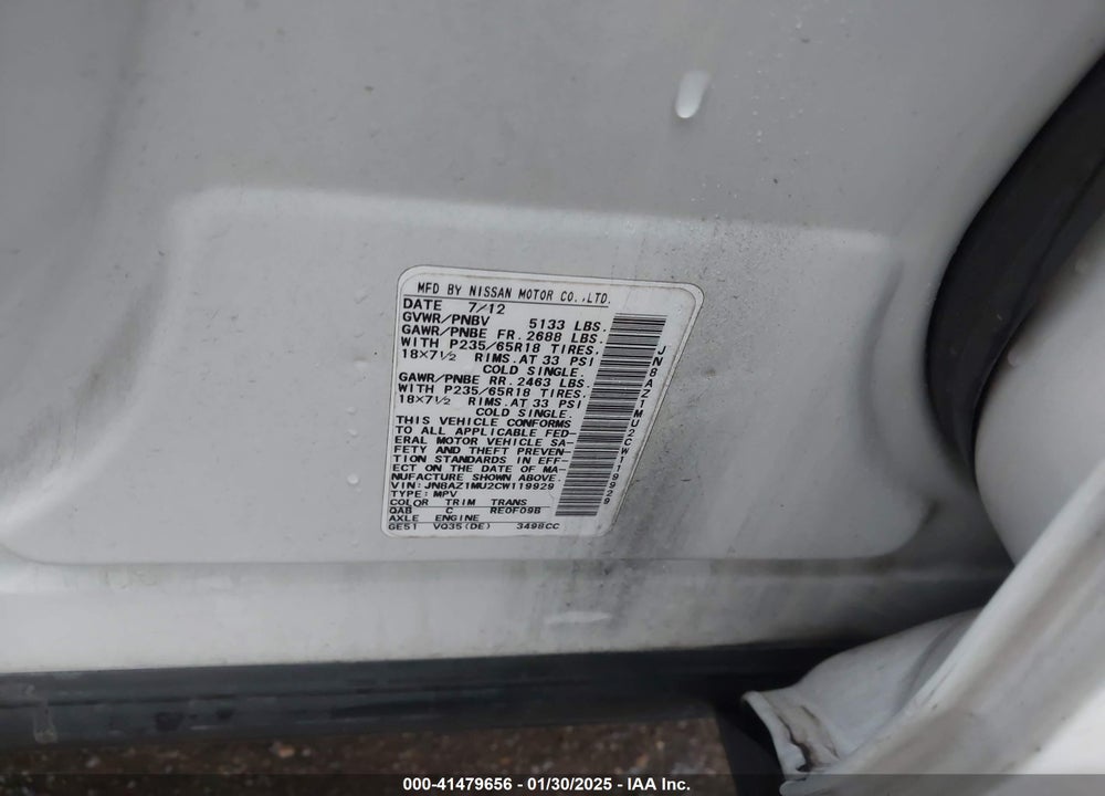 2012 NISSAN MURANO SV VIN: JN8AZ1MU2CW119929