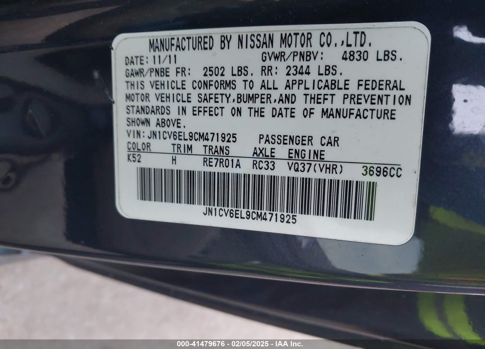 2012 INFINITI G37X VIN: JN1CV6EL9CM471925