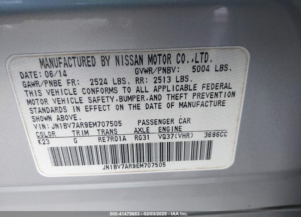 2014 INFINITI Q50 PREMIUM/SPORT VIN: JN1BV7AR9EM707505