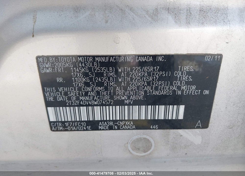 2011 TOYOTA RAV4 VIN: 2T3ZF4DV4BW074572