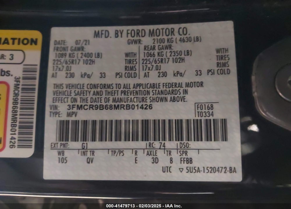 2021 FORD BRONCO SPORT VIN: 3FMCR9B68MRB01426