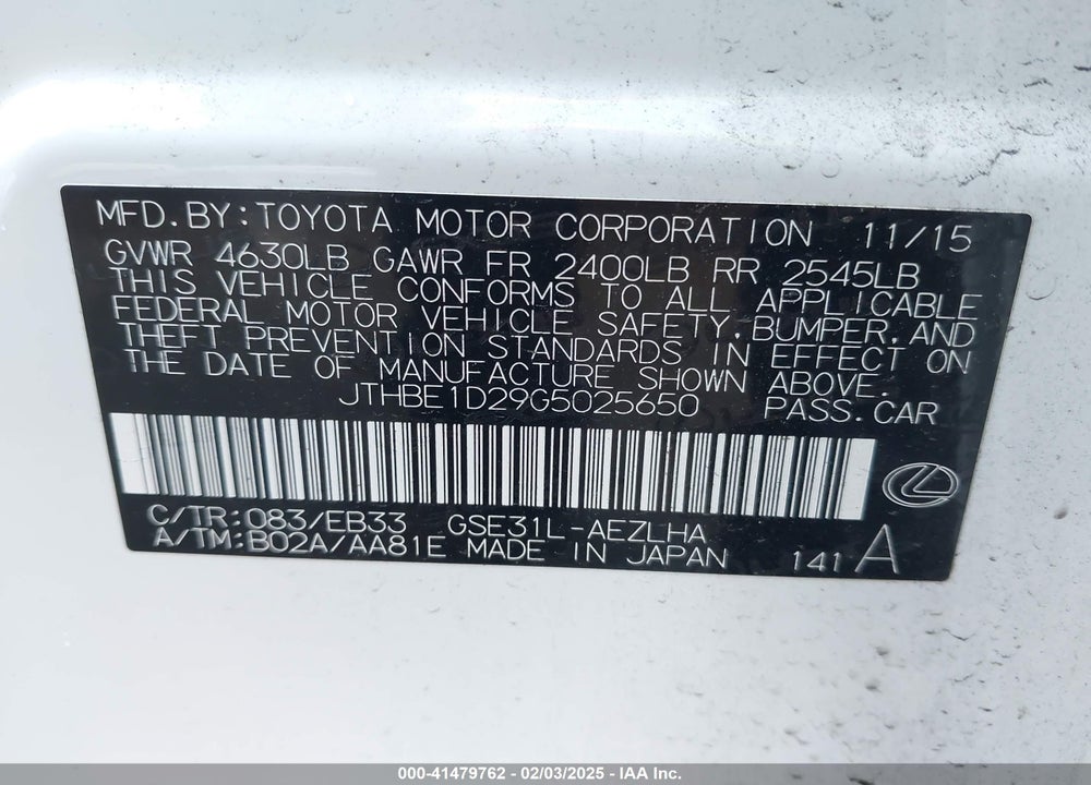 2016 LEXUS IS 350 VIN: JTHBE1D29G5025650