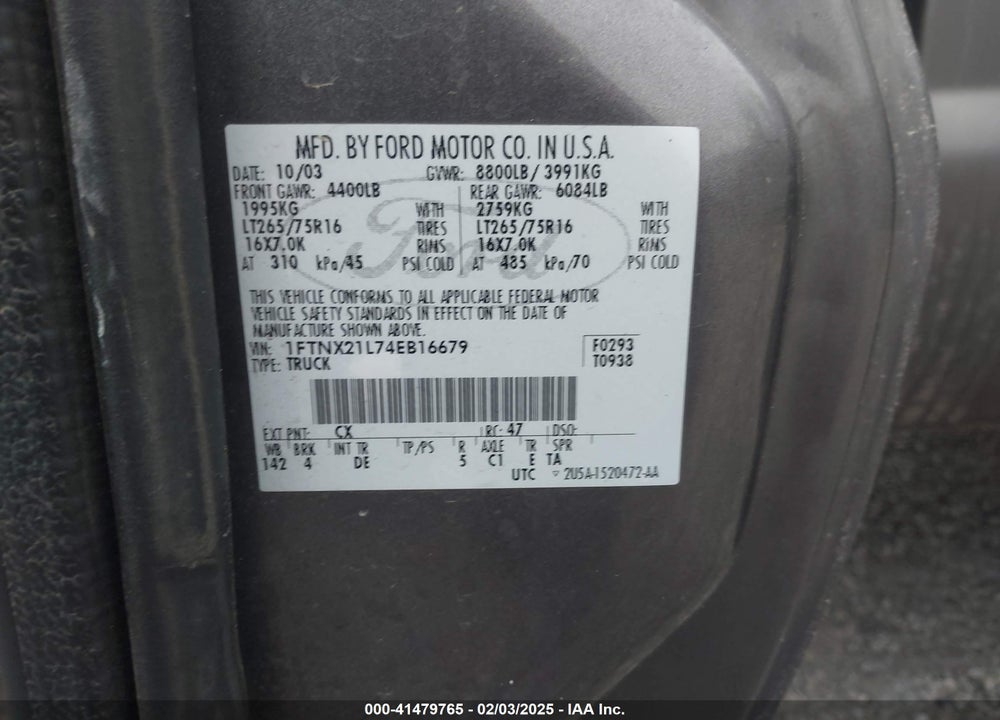 2004 FORD F-250 LARIAT/XL/XLT VIN: 1FTNX21L74EB16679