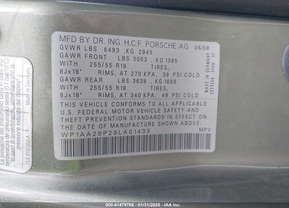 2009 PORSCHE CAYENNE VIN: WP1AA29P29LA01433