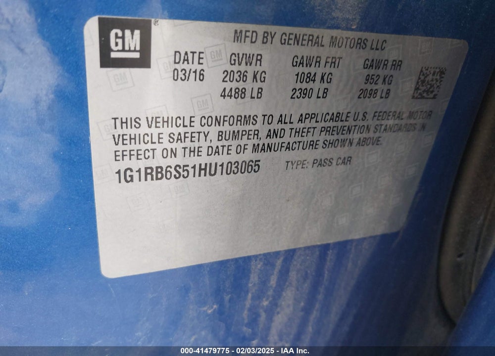 2017 CHEVROLET VOLT VIN: 1G1RB6S51HU103065