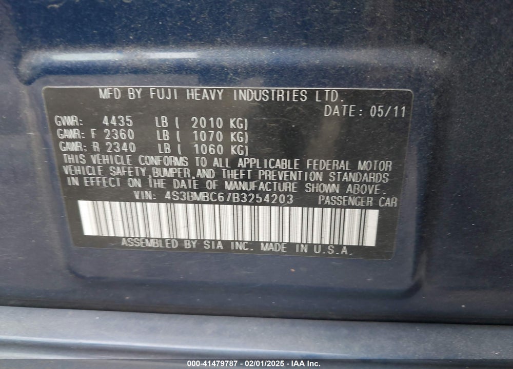 2011 SUBARU LEGACY VIN: 4S3BMBC67B3254203