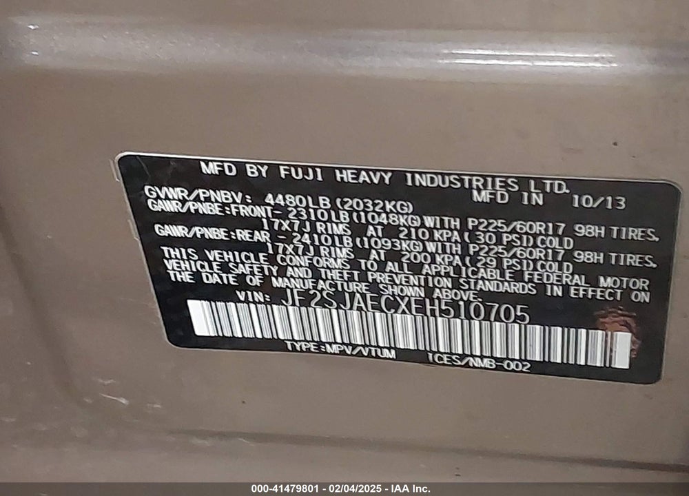 2014 SUBARU FORESTER VIN: JF2SJAECXEH510705