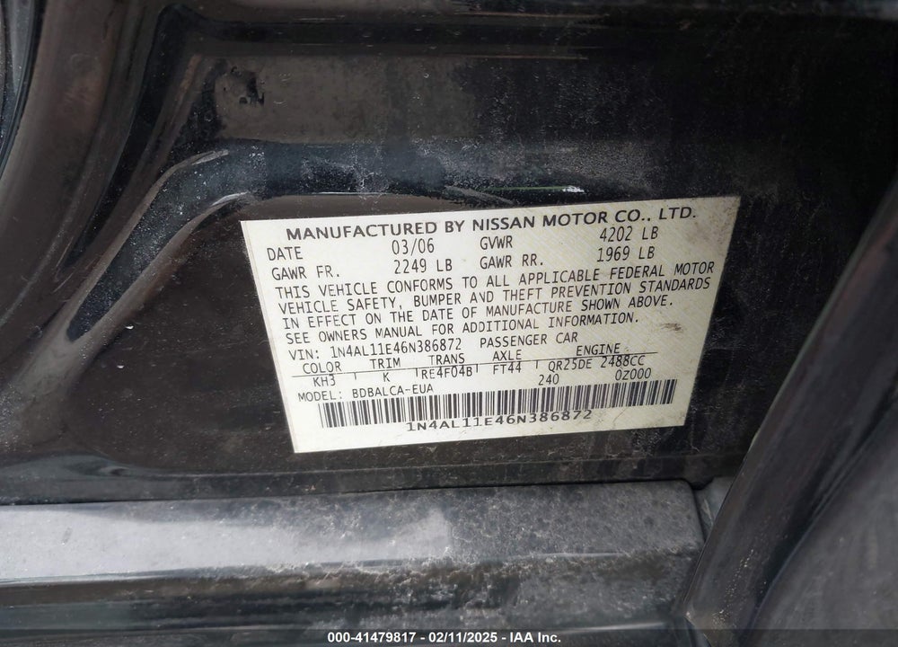 2006 NISSAN ALTIMA 2.5 S VIN: 1N4AL11E46N386872
