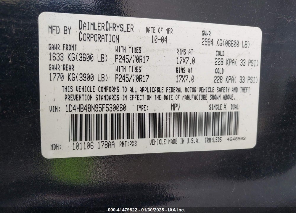 2005 DODGE DURANGO SLT VIN: 1D4HB48N95F530060