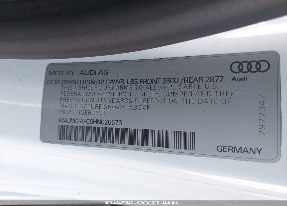 2017 AUDI A7 3.0T PREMIUM PLUS VIN: WAUW2AFC6HN025573