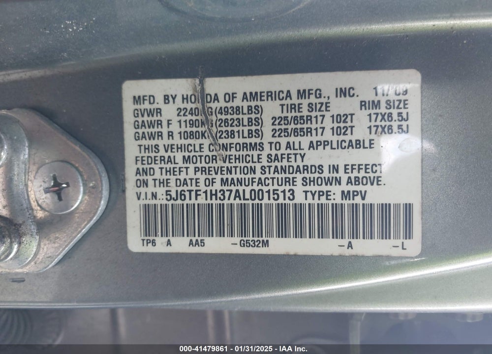 2010 HONDA ACCORD CROSSTOUR VIN: 5J6TF1H37AL001513