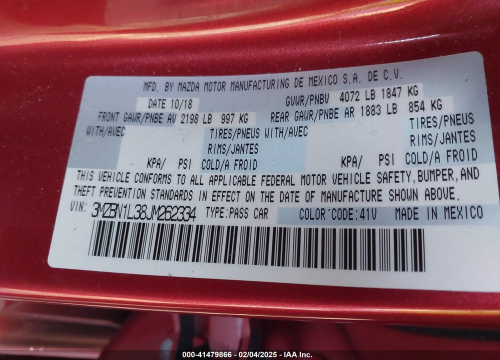 2018 MAZDA MAZDA3 VIN: 3MZBN1L38JM262334