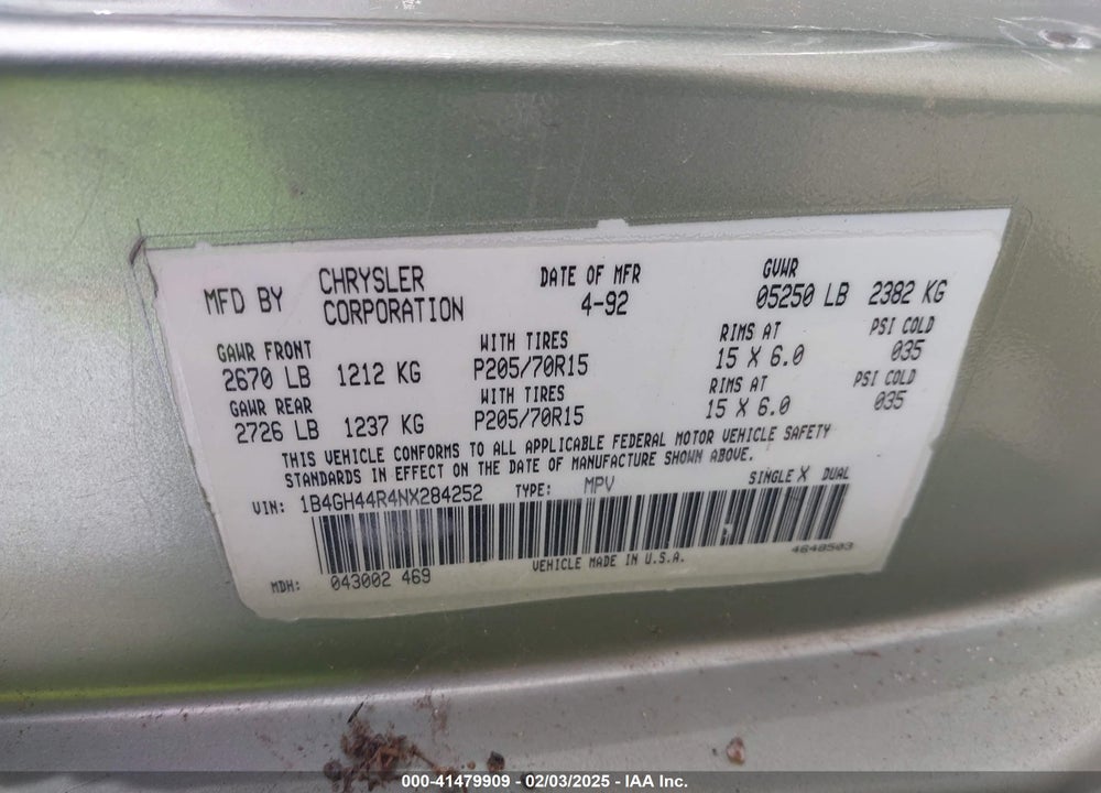 1992 DODGE GRAND CARAVAN VIN: 1B4GH44R4NX284252