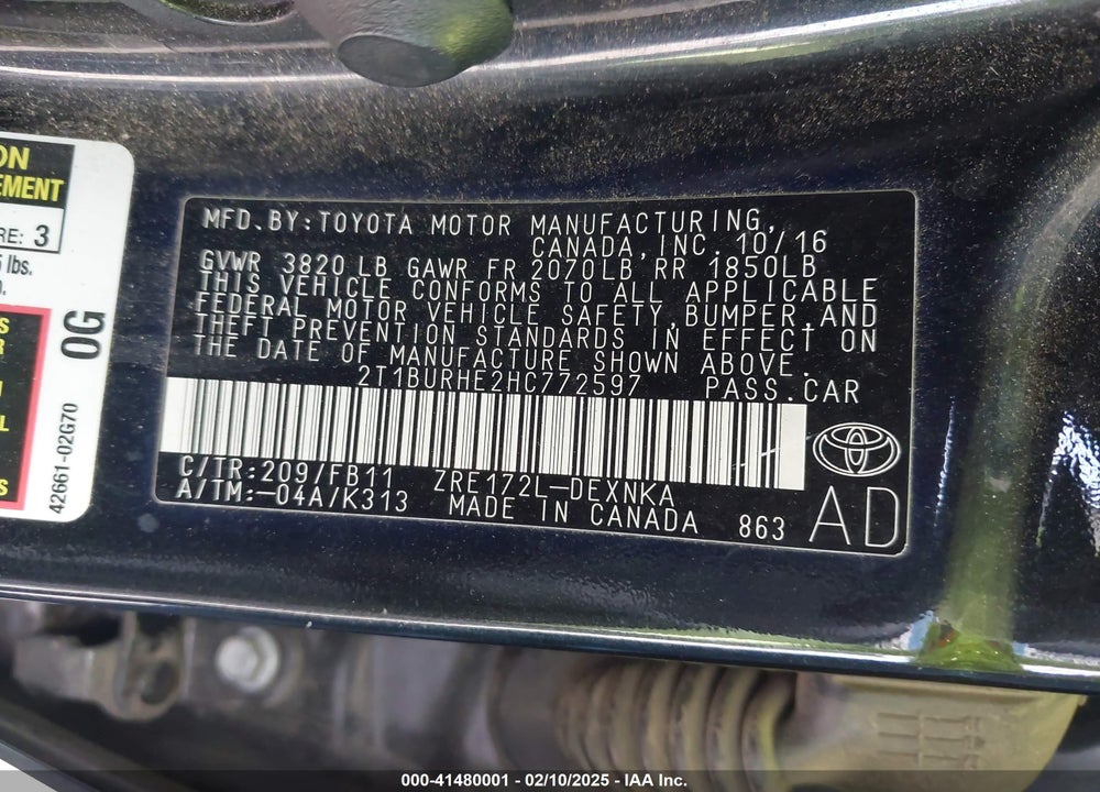 2017 TOYOTA COROLLA VIN: 2T1BURHE2HC772597