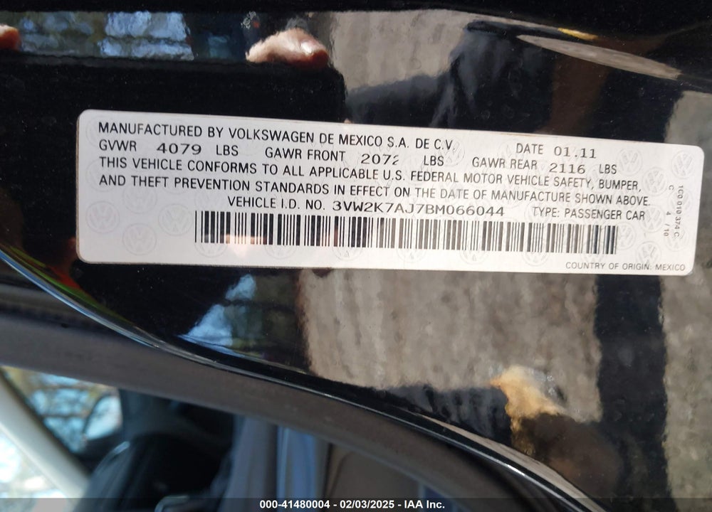 2011 VOLKSWAGEN JETTA VIN: 3VW2K7AJ7BM066044