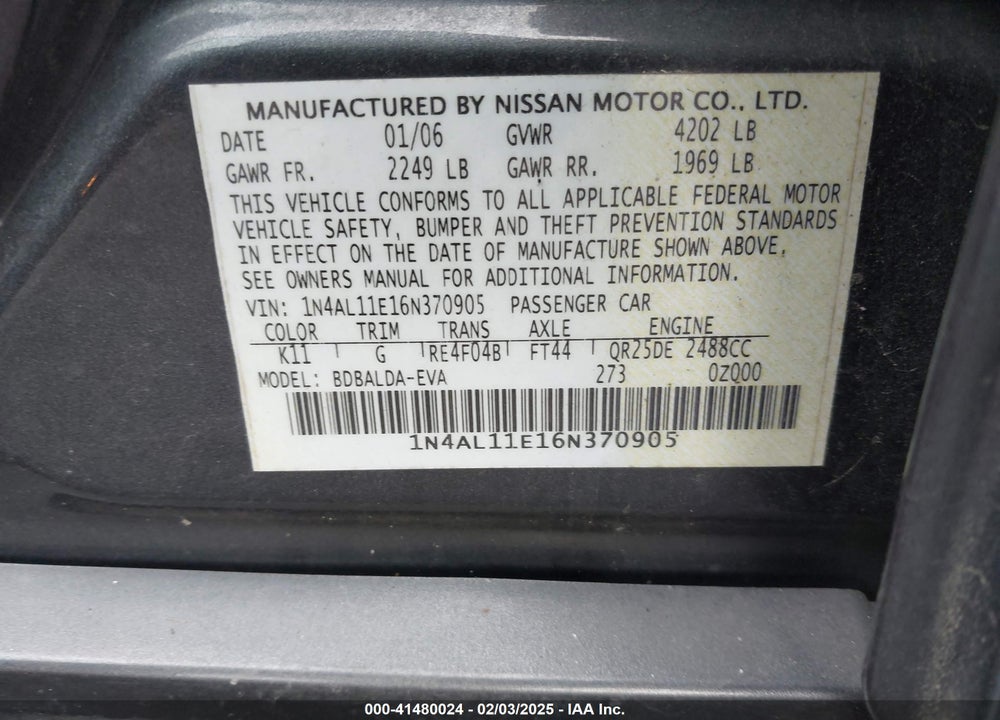 2006 NISSAN ALTIMA 2.5 S VIN: 1N4AL11E16N370905