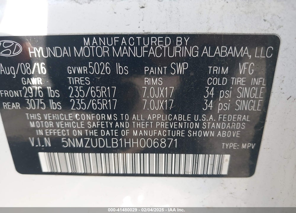 2017 HYUNDAI SANTA FE SPORT 2.4L VIN: 5NMZUDLB1HH006871