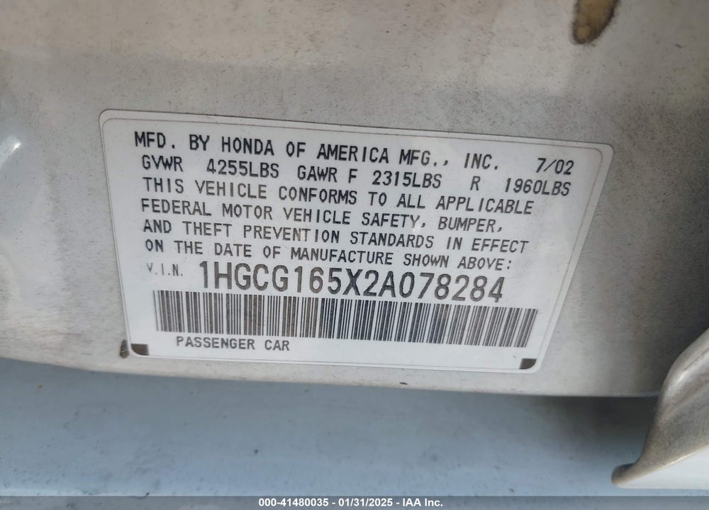 2002 HONDA ACCORD 3.0 EX VIN: 1HGCG165X2A078284