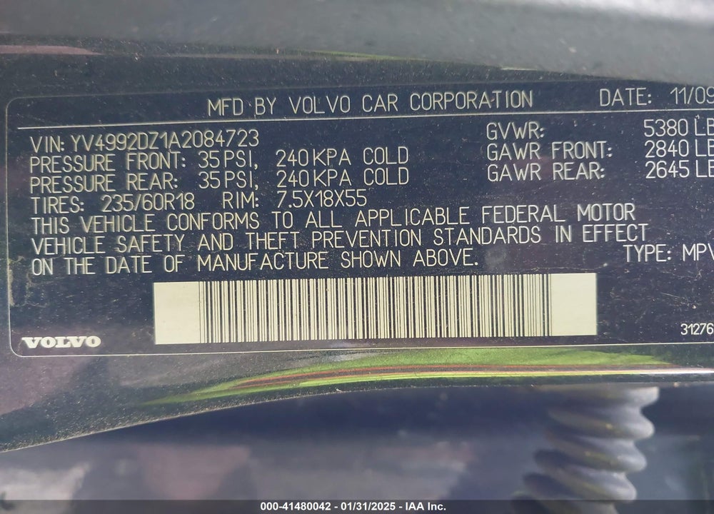 2010 VOLVO XC60 VIN: YV4992DZ1A2084723