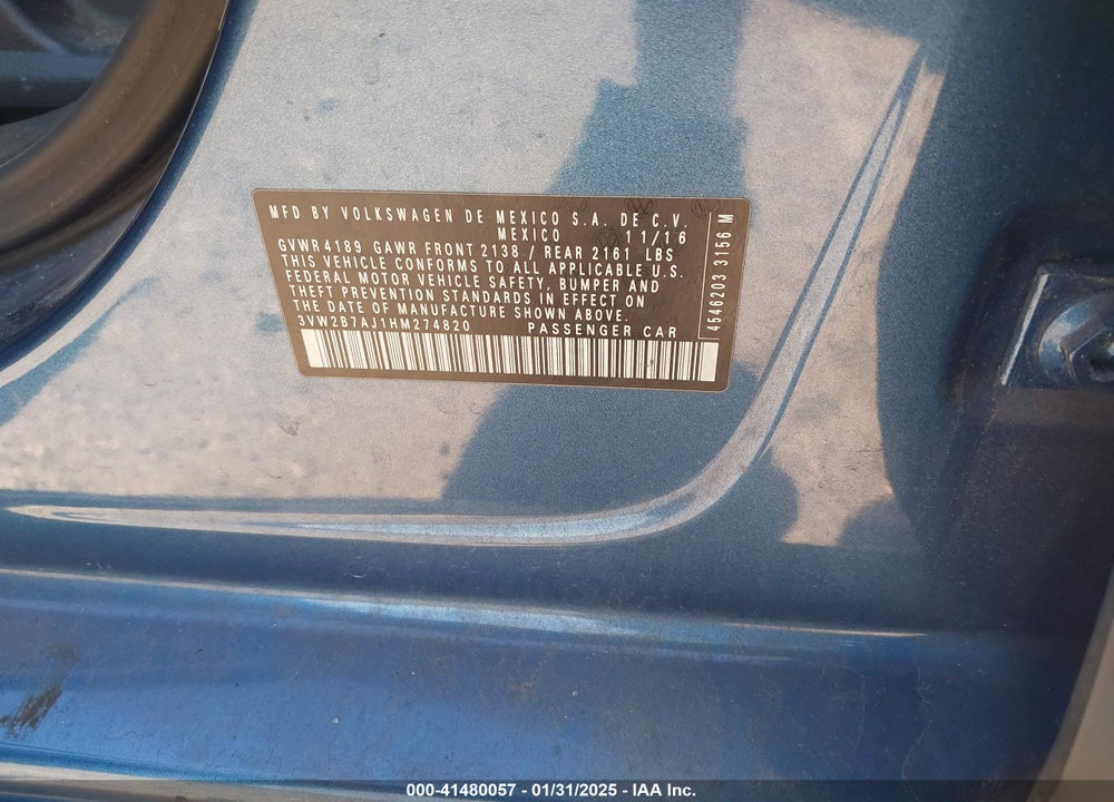 2017 VOLKSWAGEN JETTA VIN: 3VW2B7AJ1HM274820