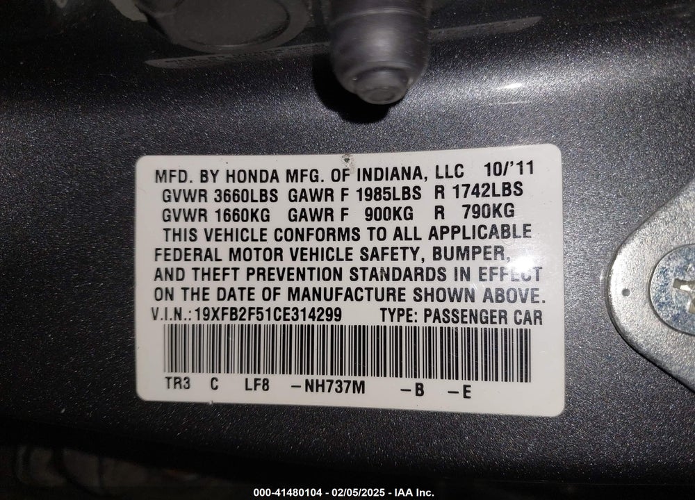 2012 HONDA CIVIC LX VIN: 19XFB2F51CE314299