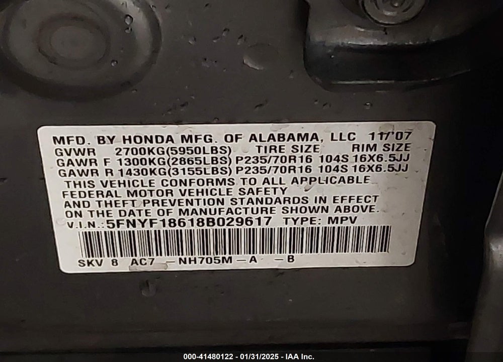 2008 HONDA PILOT VIN: 5FNYF18618B029617