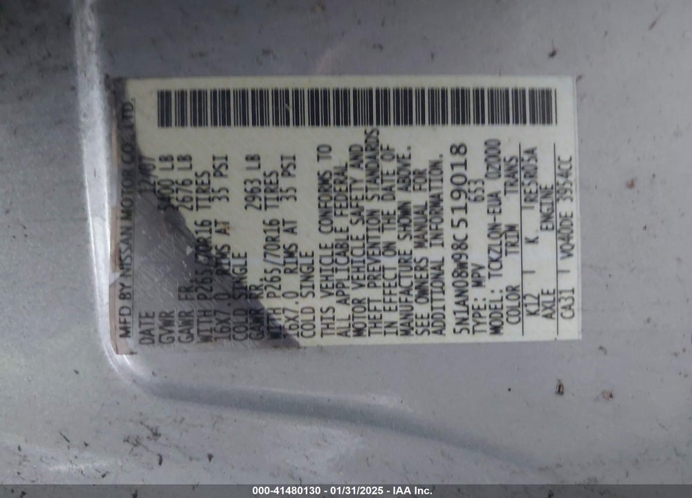 2008 NISSAN XTERRA VIN: 5N1AN08W98C519018