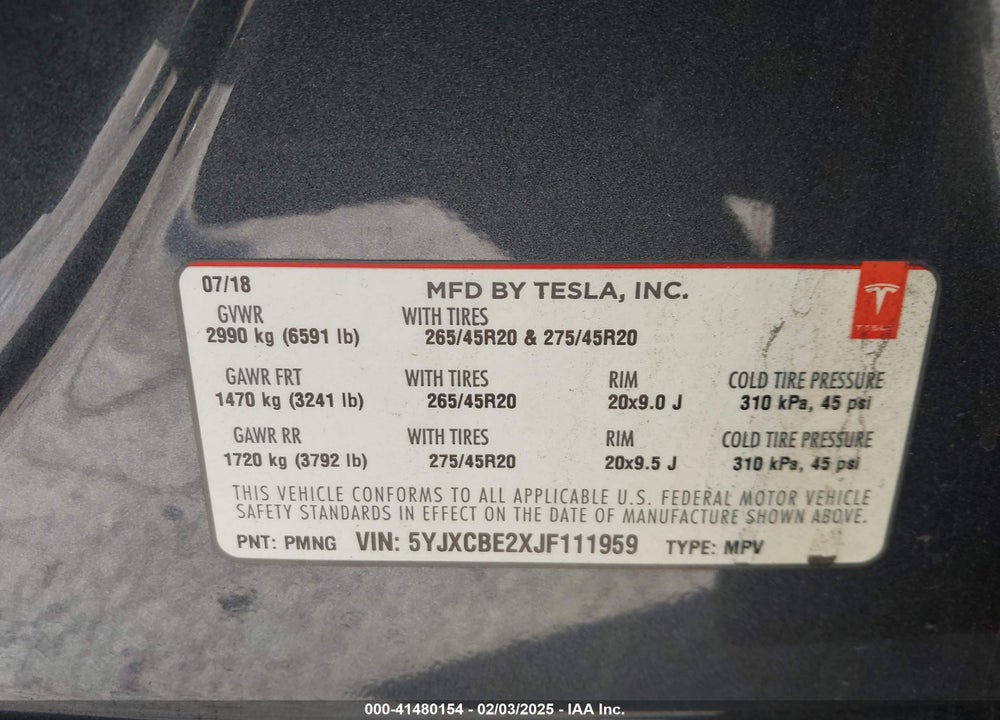 2018 TESLA MODEL X VIN: 5YJXCBE2XJF111959