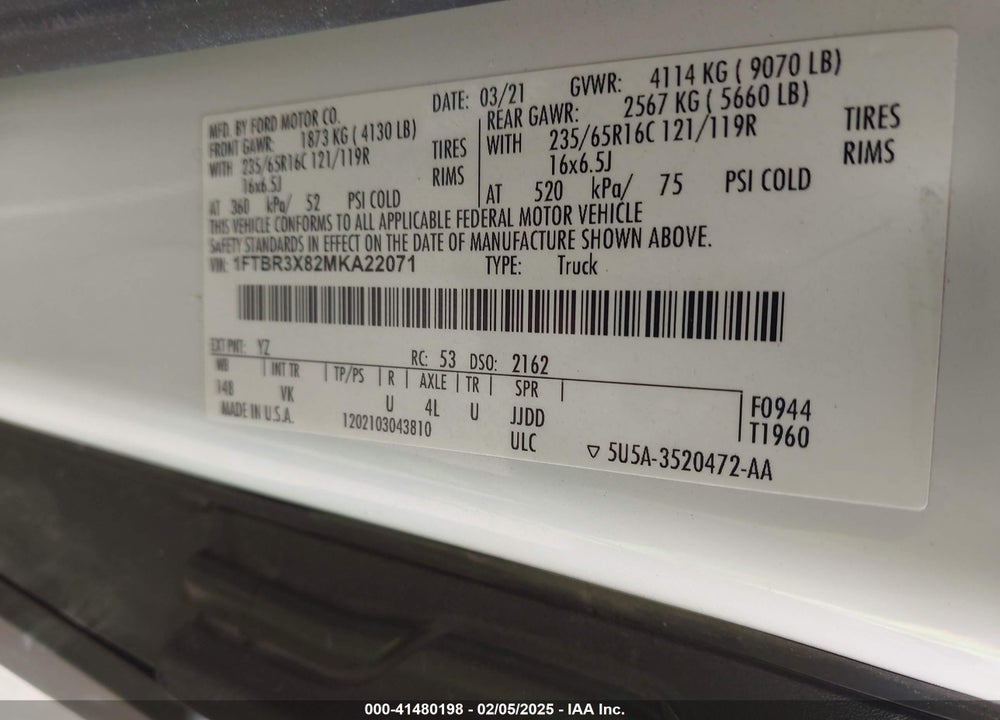 2021 CARGO FORD TRANSIT-250  VAN VIN: 1FTBR3X82MKA22071
