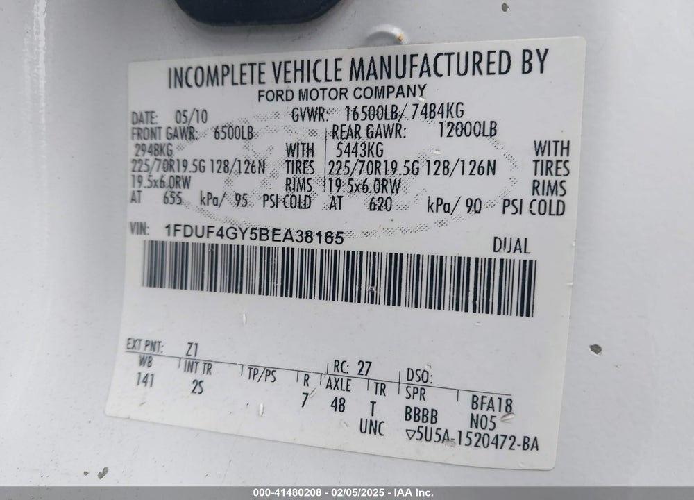 2011 FORD F-450 CHASSIS XL VIN: 1FDUF4GY5BEA38165