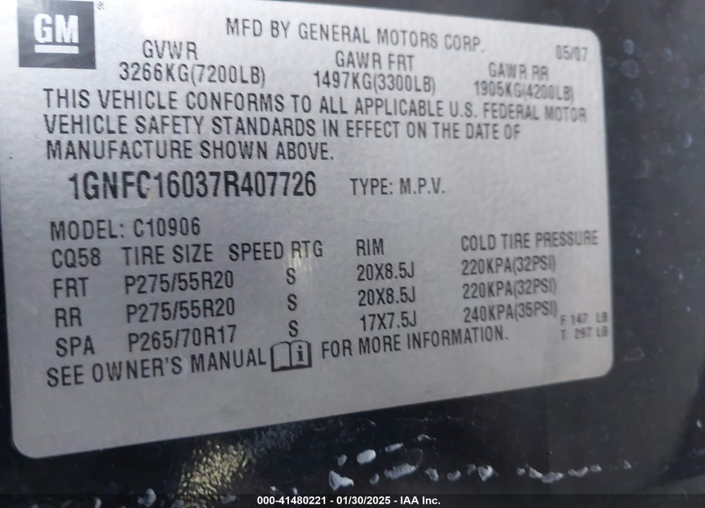 2007 CHEVROLET SUBURBAN 1500 LTZ VIN: 1GNFC16037R407726